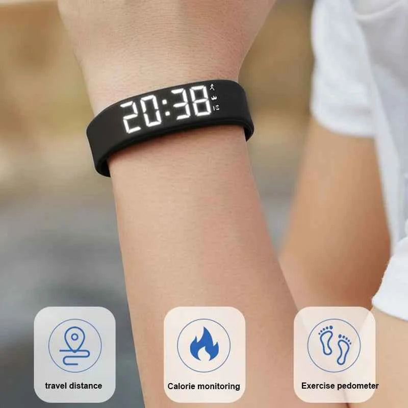 Bracelet Connecté LED – Podomètre, Suivi Sommeil, Alarme Vibrante, Waterproof
