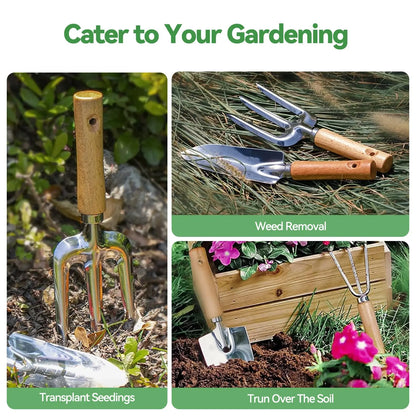 Coffret 9 Outils de Jardinage en Acier Inoxydable – Manches en Bois, Désherbage et Plantation
