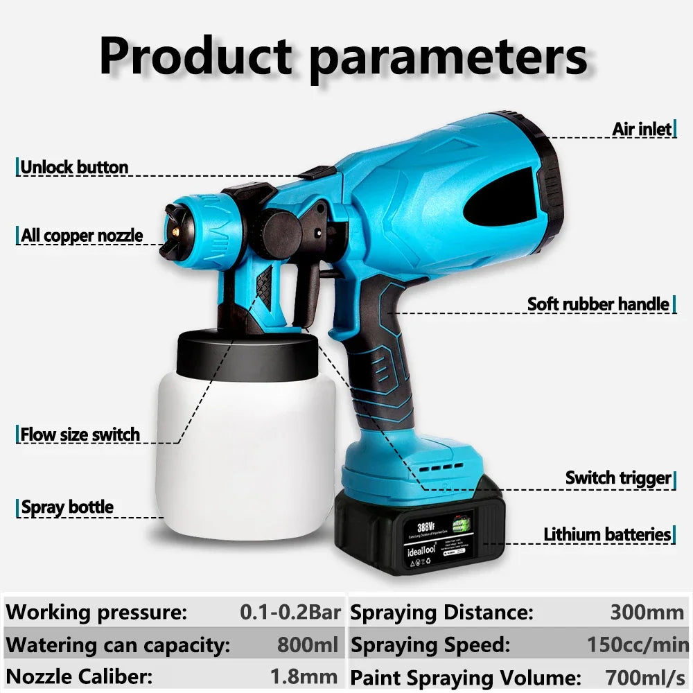 Pistolet à Peinture Sans Fil 800ml Batterie Makita 18V Pulvérisateur Électrique Portable Maison Auto