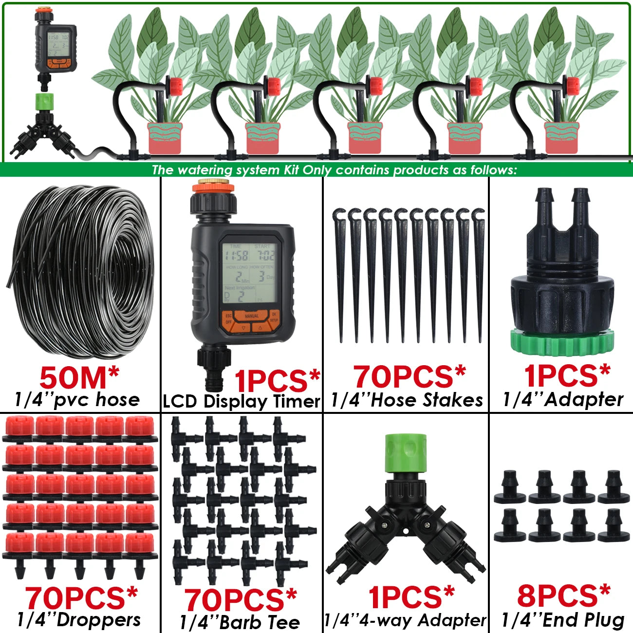 Kit Irrigation Goutte-à-Goutte KESLA – Tuyau 4/7mm, Programmateur & Capteur Pluie (5M à 50M)