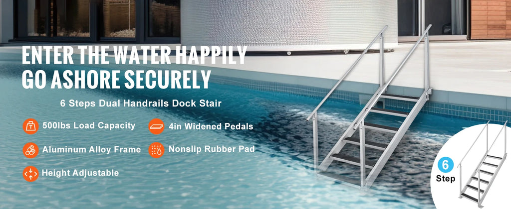 Échelle Ponton Aluminium Double Rampe - 4/6 Marches Antidérapantes, Hauteur Ajustable, 227kg - Piscine Bateau Lac