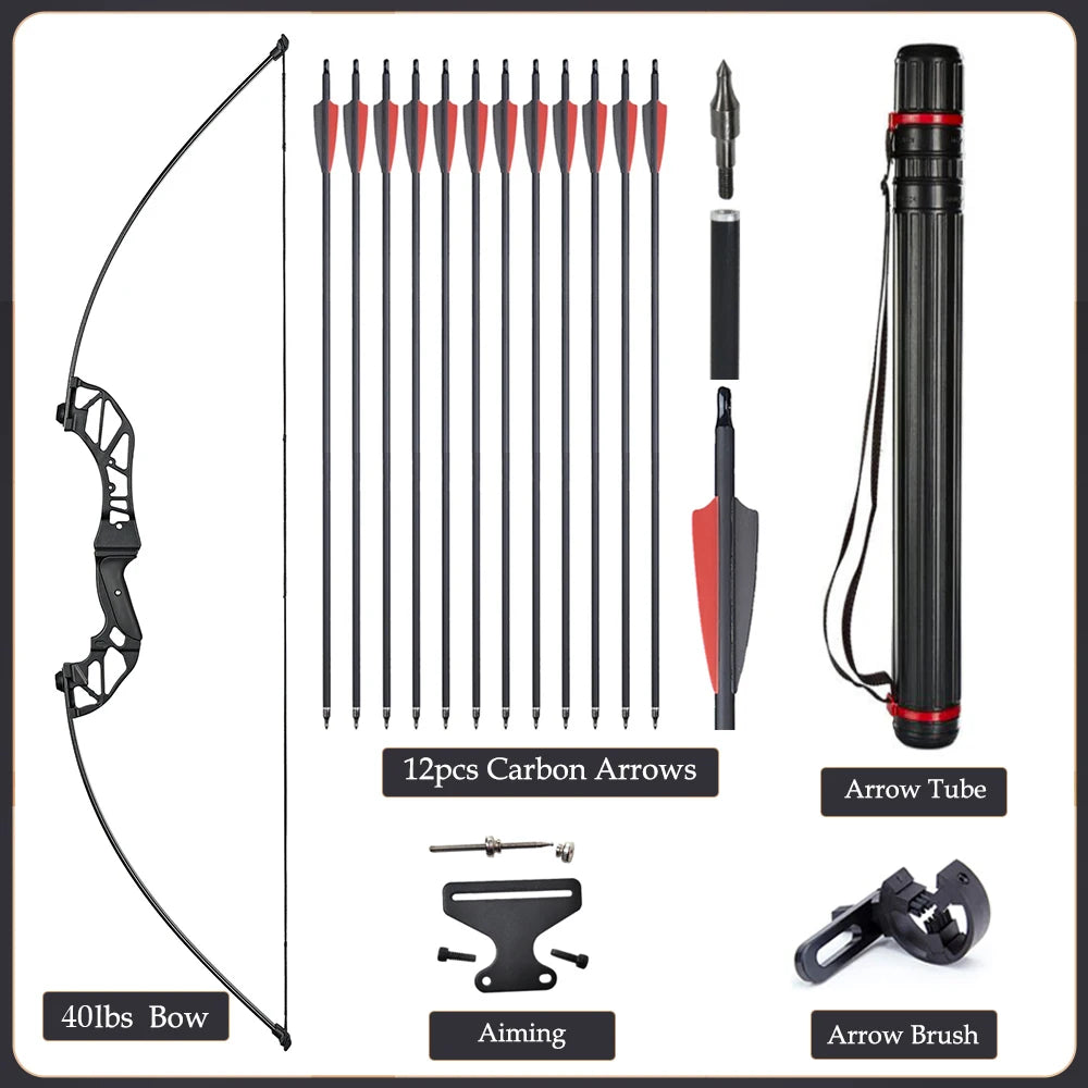 Arc Recurve Tir à l'Arc 20-50lbs Démontable avec Flèches Carbone Carquois Cible Entraînement