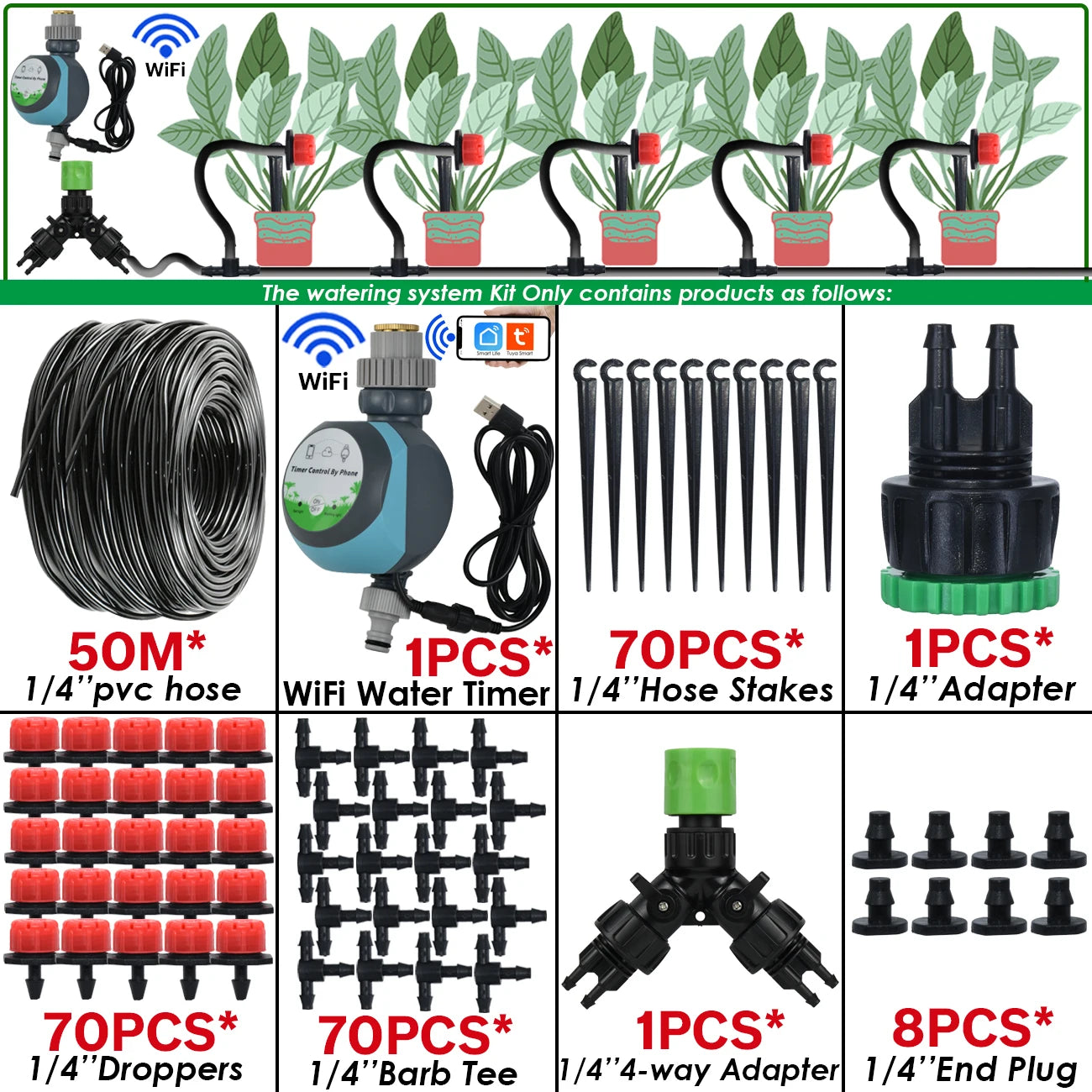 Kit Irrigation Goutte-à-Goutte KESLA – Tuyau 4/7mm, Programmateur & Capteur Pluie (5M à 50M)