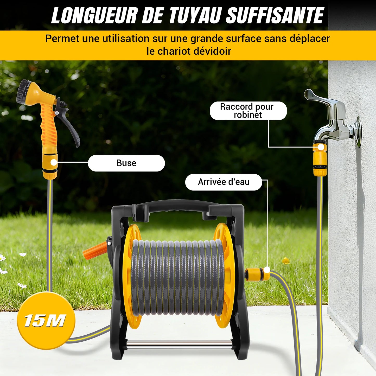 Dévidoir Tuyau d'Arrosage 2-en-1 Mural ou Sur Pied – 15M / 25M / 30M | Kit Complet