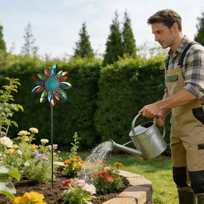 Moulin à Vent Décoratif Tournesol en Métal – Girouette Pivotante 122cm, Décoration Jardin Extérieur