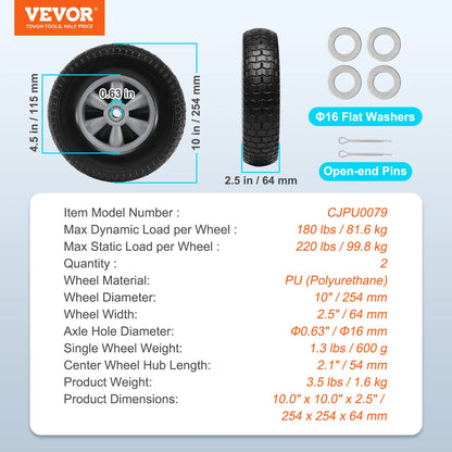 Roues PU Solides 10" Sans Crevaison – Lot de 2 | Charge 180 ou 400 lbs