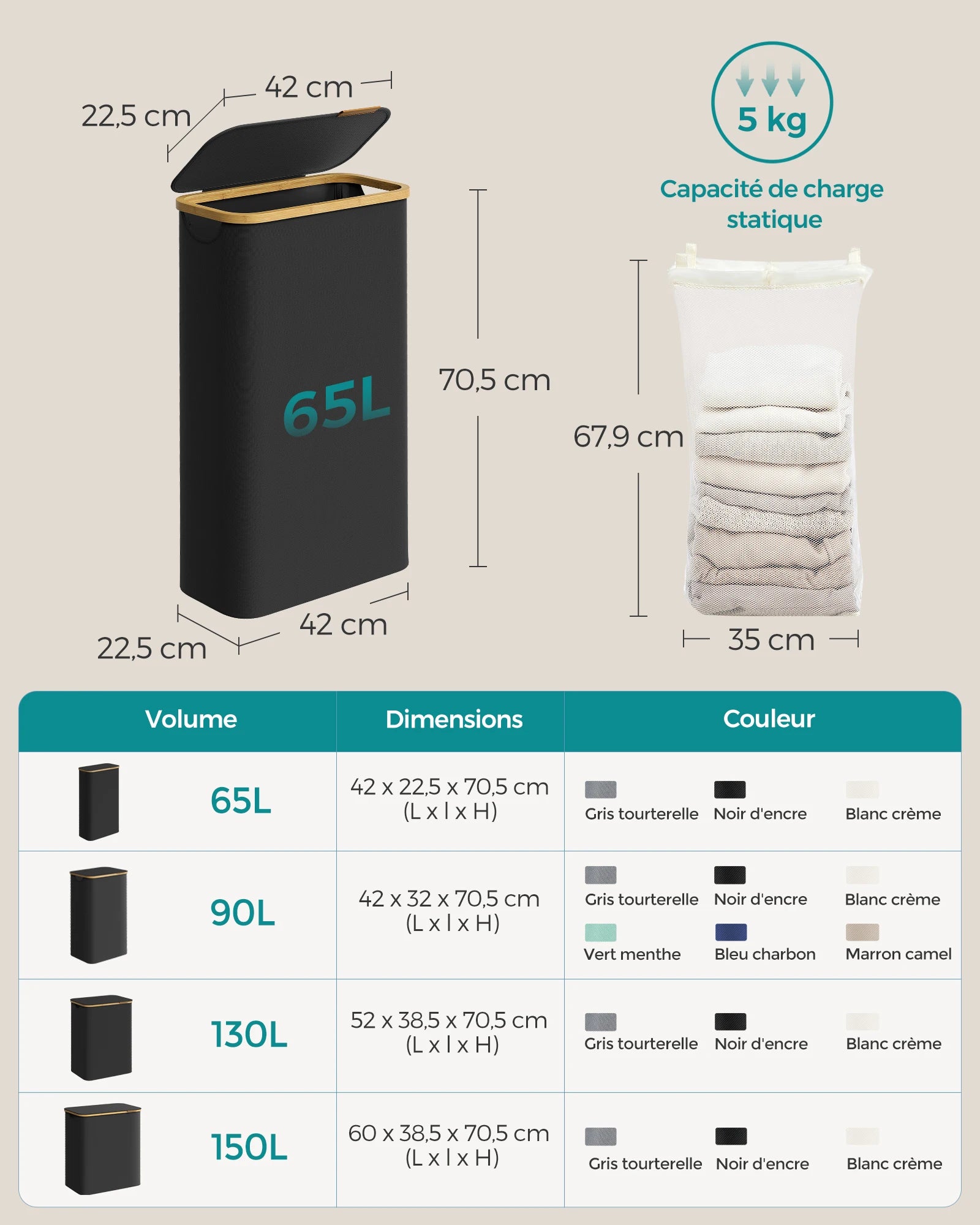 Panier à Linge SONGMICS 65L avec Couvercle - Pliable Gain de Place - Bambou