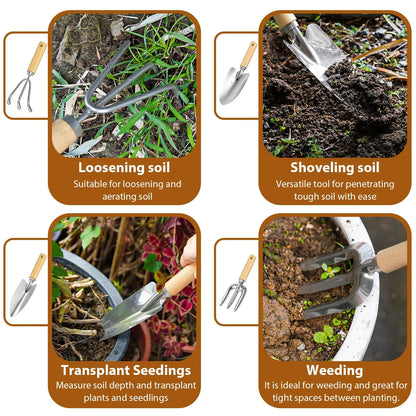Coffret 9 Outils de Jardinage en Acier Inoxydable – Manches en Bois, Désherbage et Plantation