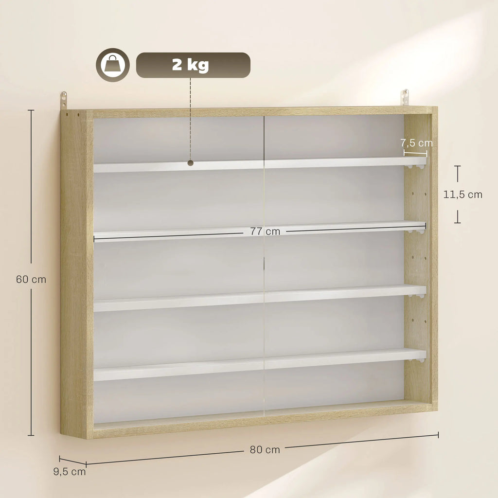 Vitrine Murale 5 Niveaux – 4 Étagères Réglables & Portes en Verre Coulissantes 80×60 cm