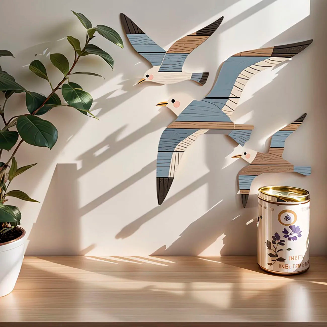 Décoration Murale Mouettes en Bois – Lot de 3, Style Bord de Mer & Rustique