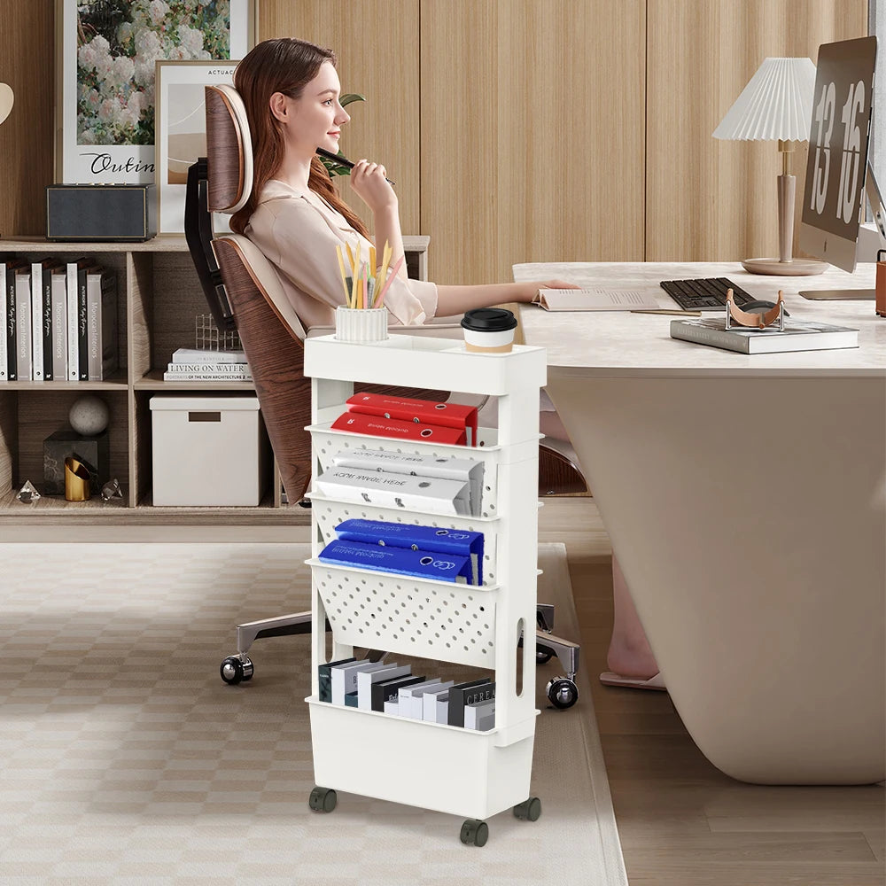 Étagère mobile à roulettes 5 niveaux – Organiseur ABS blanc, bureau & salon