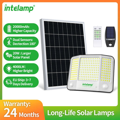 Lampe Solaire Intelamp 3000LM – 2 Détecteurs de Mouvement, Angle 240°, IP65, Batterie 12500mAh