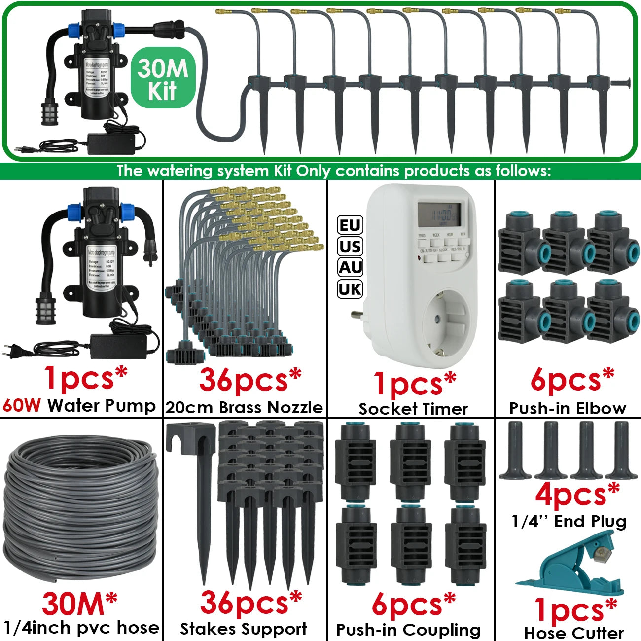 Kit d'Irrigation Jardin 5-30M - Pompe 60W Timer Buse Cuivre 360° Arrosage Automatique Serre