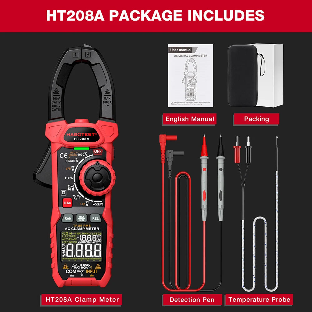HABOTEST HT208 Clamp Meter 1000A 1000V AC DC True RMS Digital Clamp Meter Amperimetrica Capacitance Temperature Ohm Hz Tester
