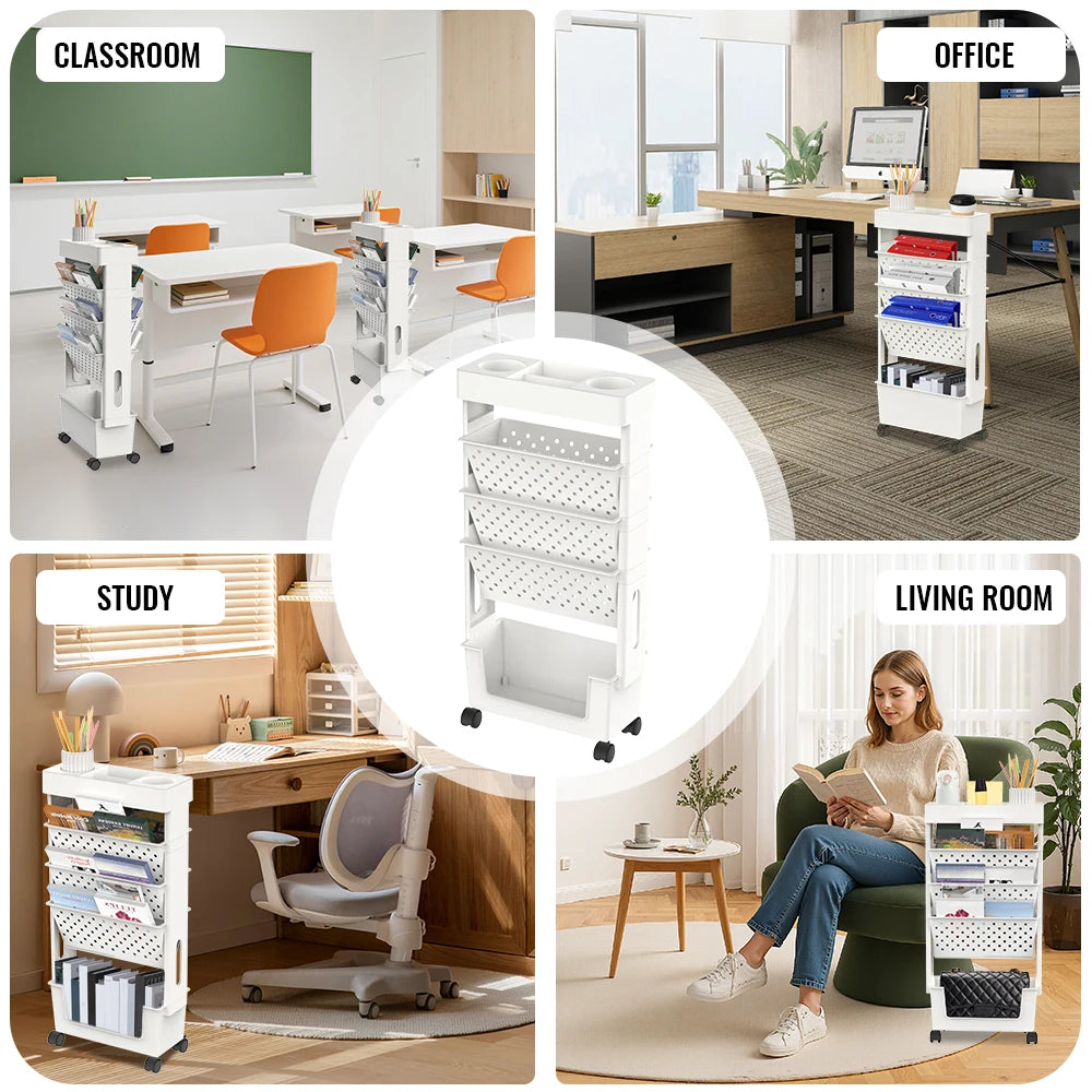 Étagère mobile à roulettes 5 niveaux – Organiseur ABS blanc, bureau & salon