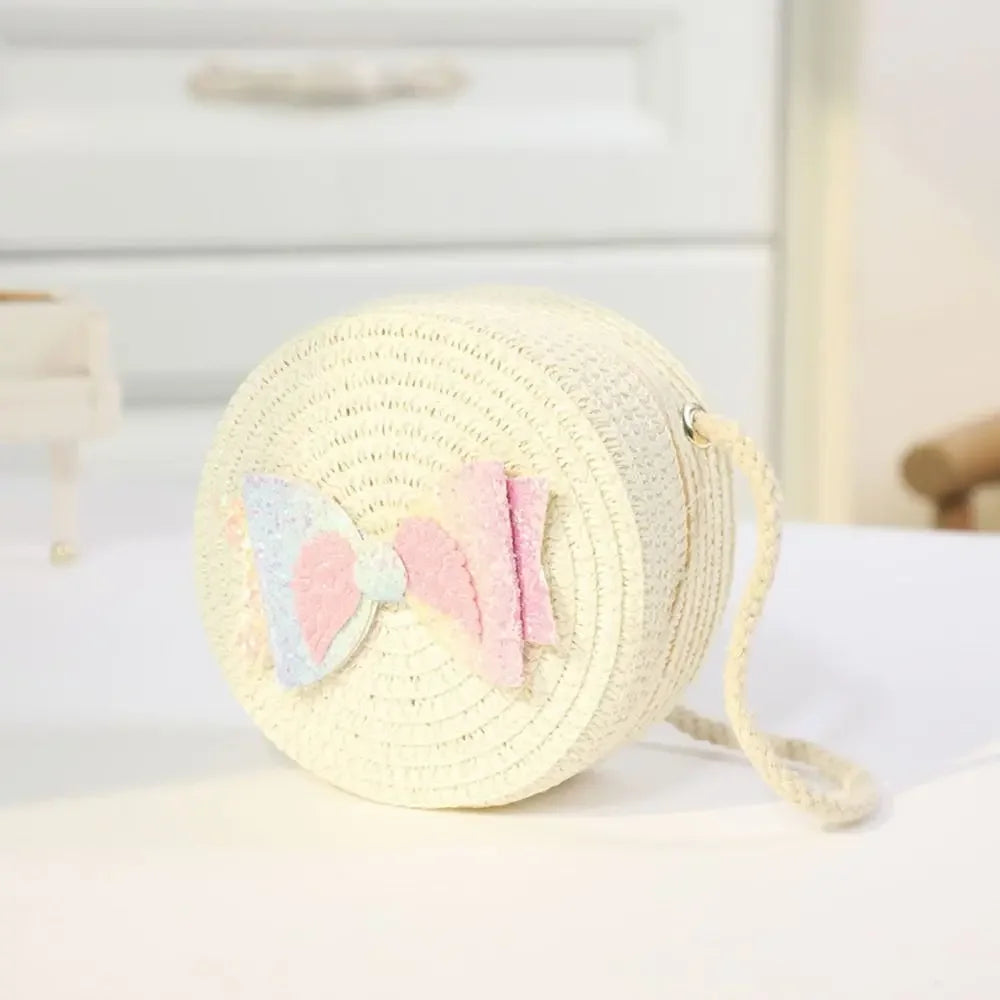 Children Straw Beach Bag Cute Heart Pattern Shoulder Bag Straw Crossbody Bag Handbag Baby Coin Purse Casual Messenger Bag