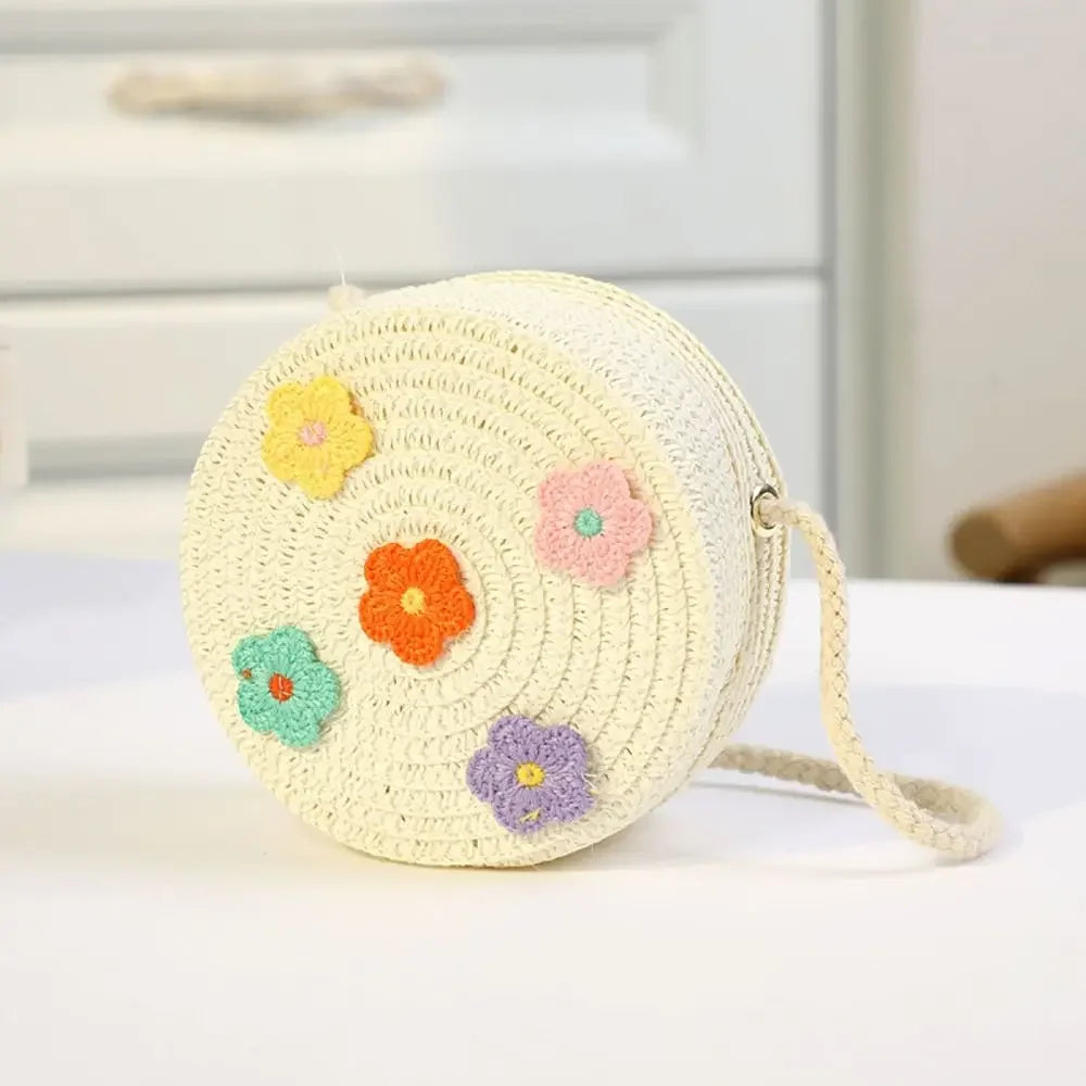 Children Straw Beach Bag Cute Heart Pattern Shoulder Bag Straw Crossbody Bag Handbag Baby Coin Purse Casual Messenger Bag
