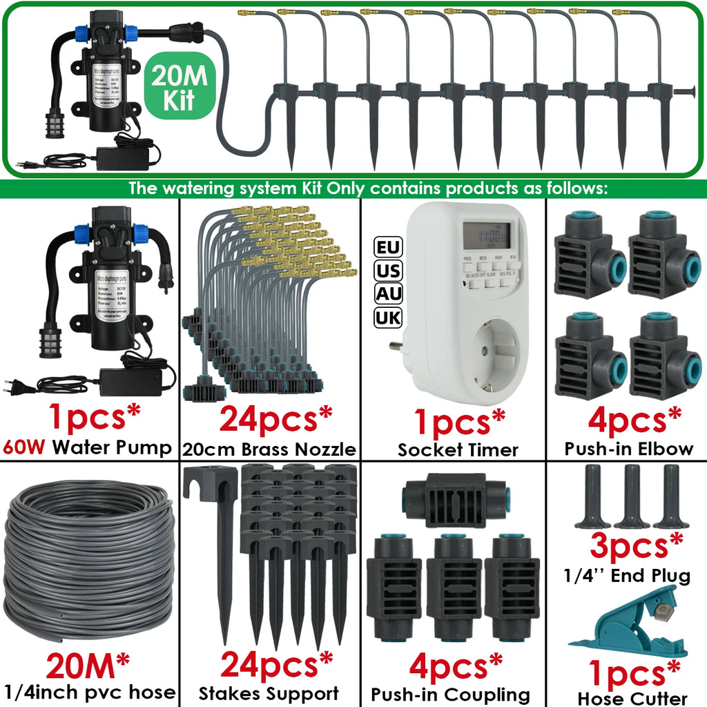Kit d'Irrigation Jardin 5-30M - Pompe 60W Timer Buse Cuivre 360° Arrosage Automatique Serre
