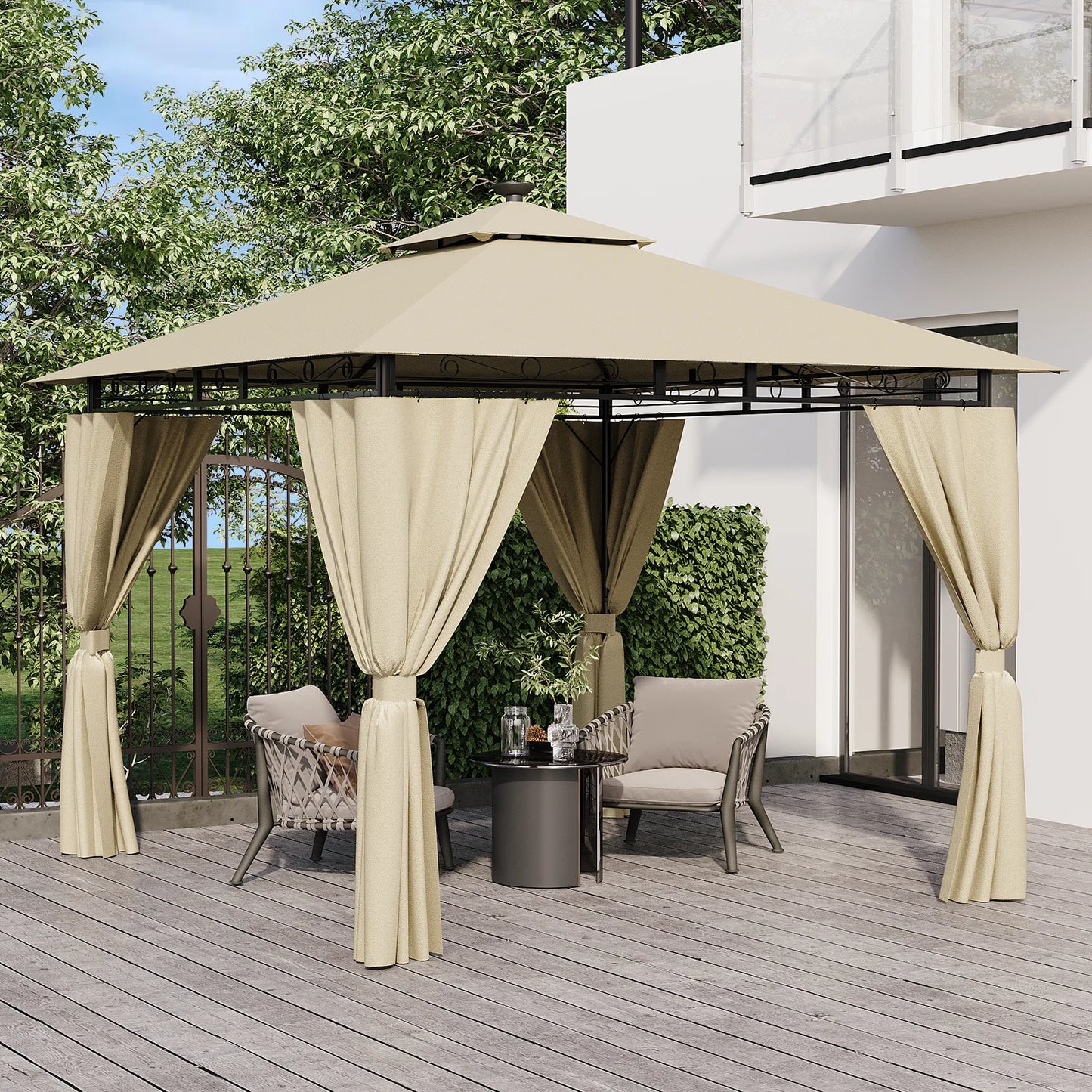 Pergola de Jardin 3x3m Double Toit – Aluminium, Rideaux Zippés & LED Solaire Optionnel | Devoko