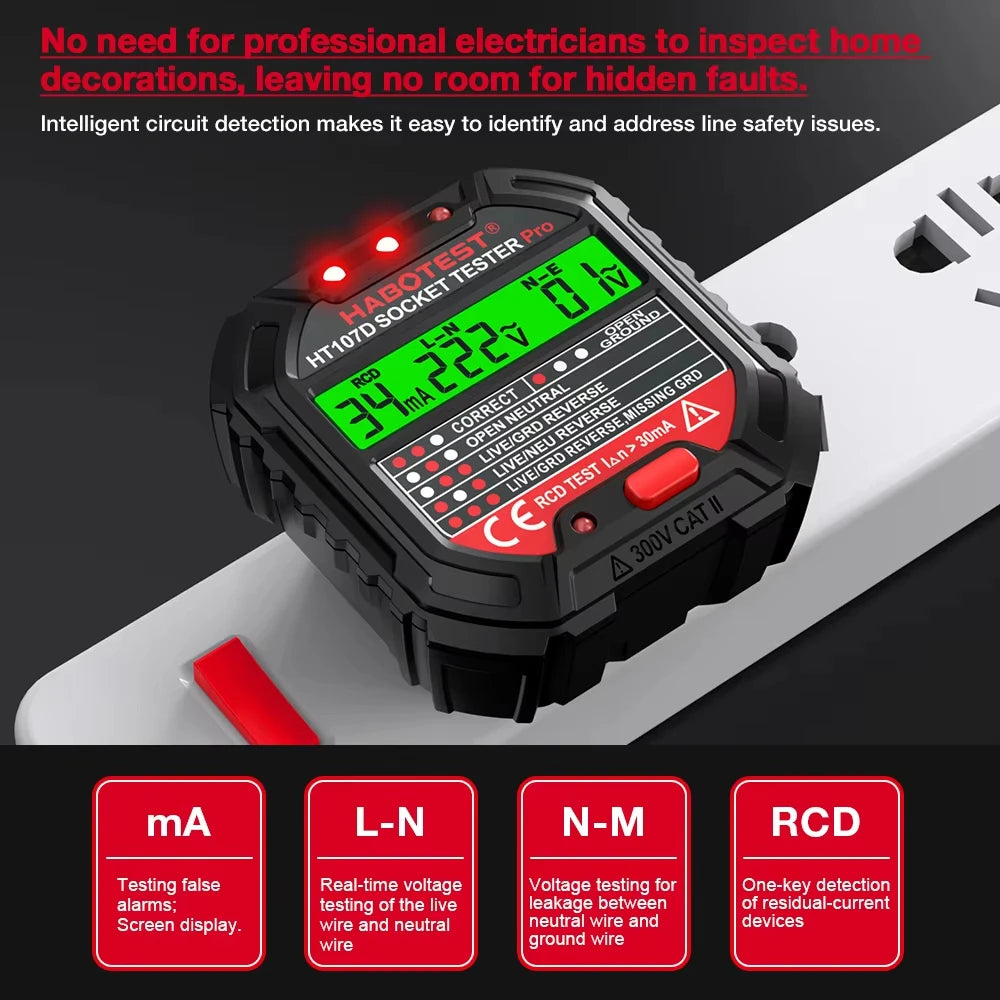 HABOTEST HT107 Digital Socket Tester Voltage 30mA RCD Test Smart Detector EU US UK Plug Ground Zero Line Polarity Phase Check
