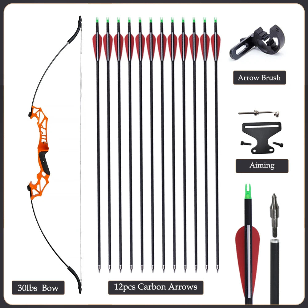 Arc Recurve Tir à l'Arc 20-50lbs Démontable avec Flèches Carbone Carquois Cible Entraînement