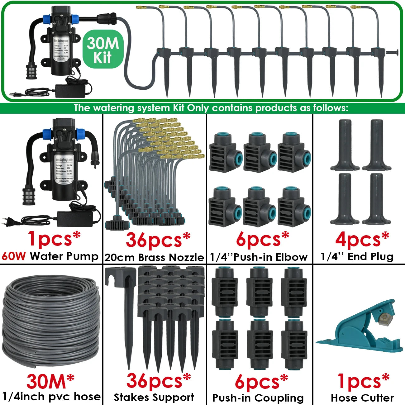 Kit d'Irrigation Jardin 5-30M - Pompe 60W Timer Buse Cuivre 360° Arrosage Automatique Serre