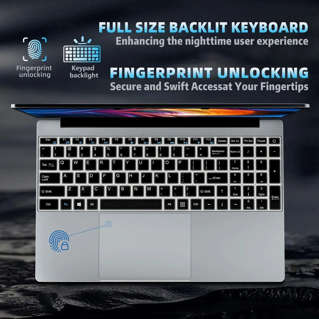 PC Portable 15.6" Intel N95 - 32GB RAM, 2TB SSD, Windows 11, Rétroéclairé, Empreinte Digitale