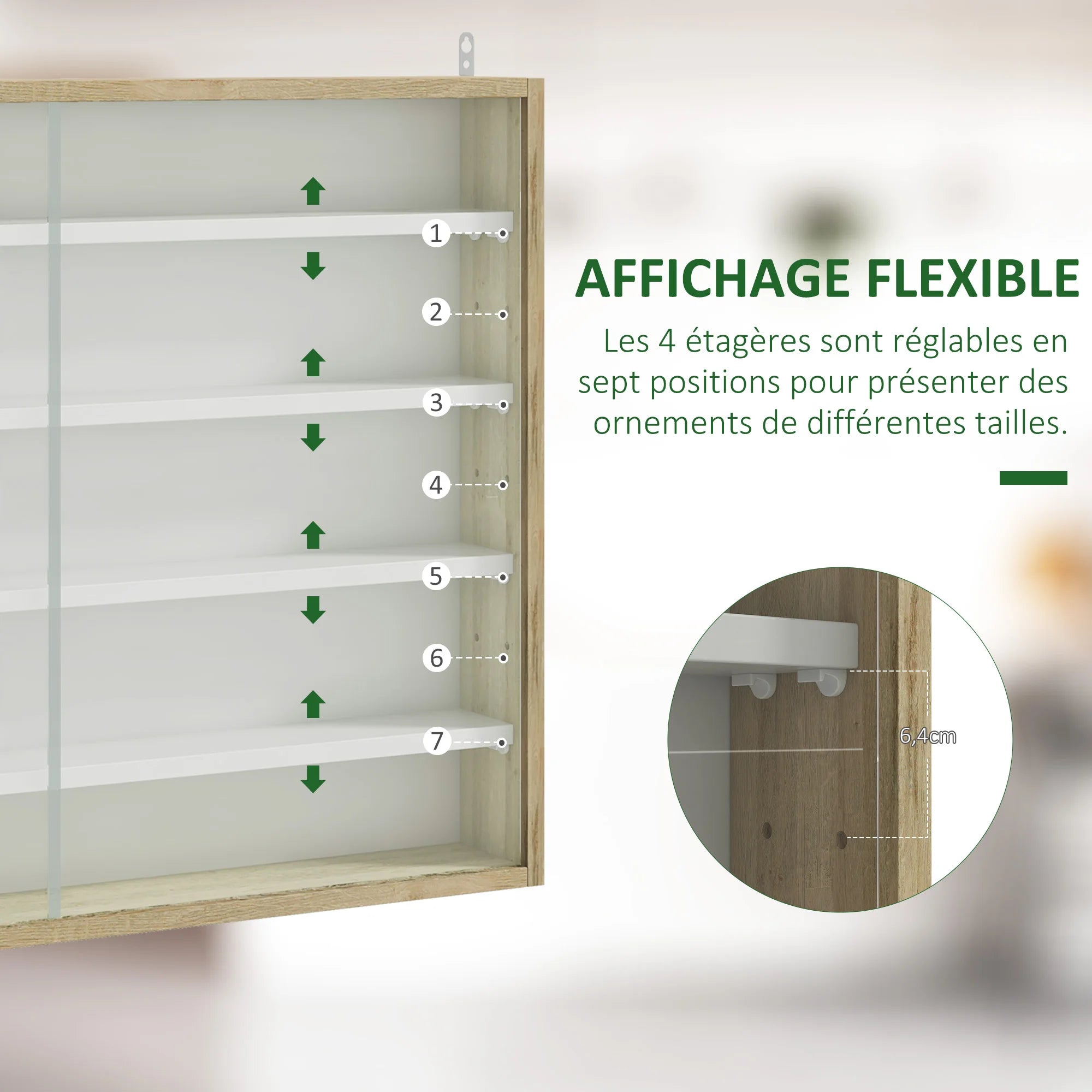 Vitrine Murale 5 Niveaux – 4 Étagères Réglables & Portes en Verre Coulissantes 80×60 cm