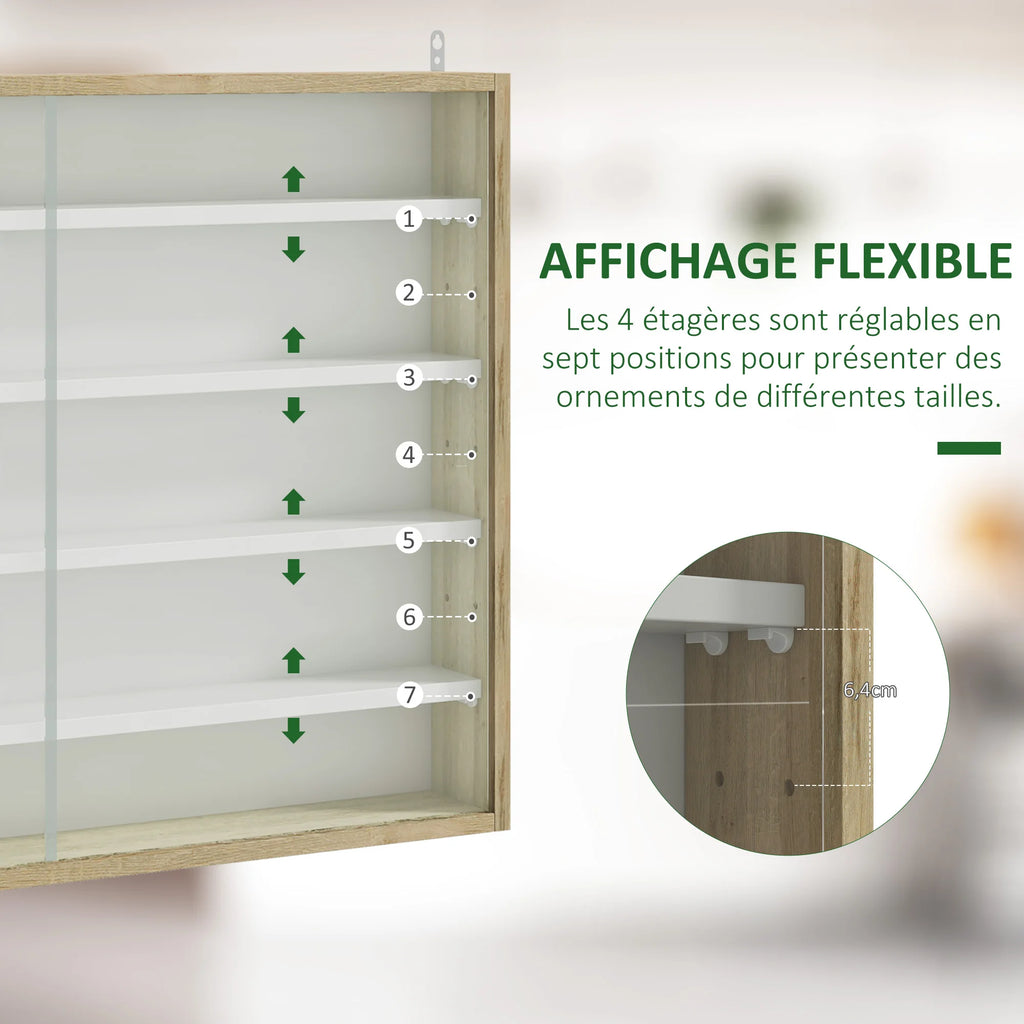 Vitrine Murale 5 Niveaux – 4 Étagères Réglables & Portes en Verre Coulissantes 80×60 cm