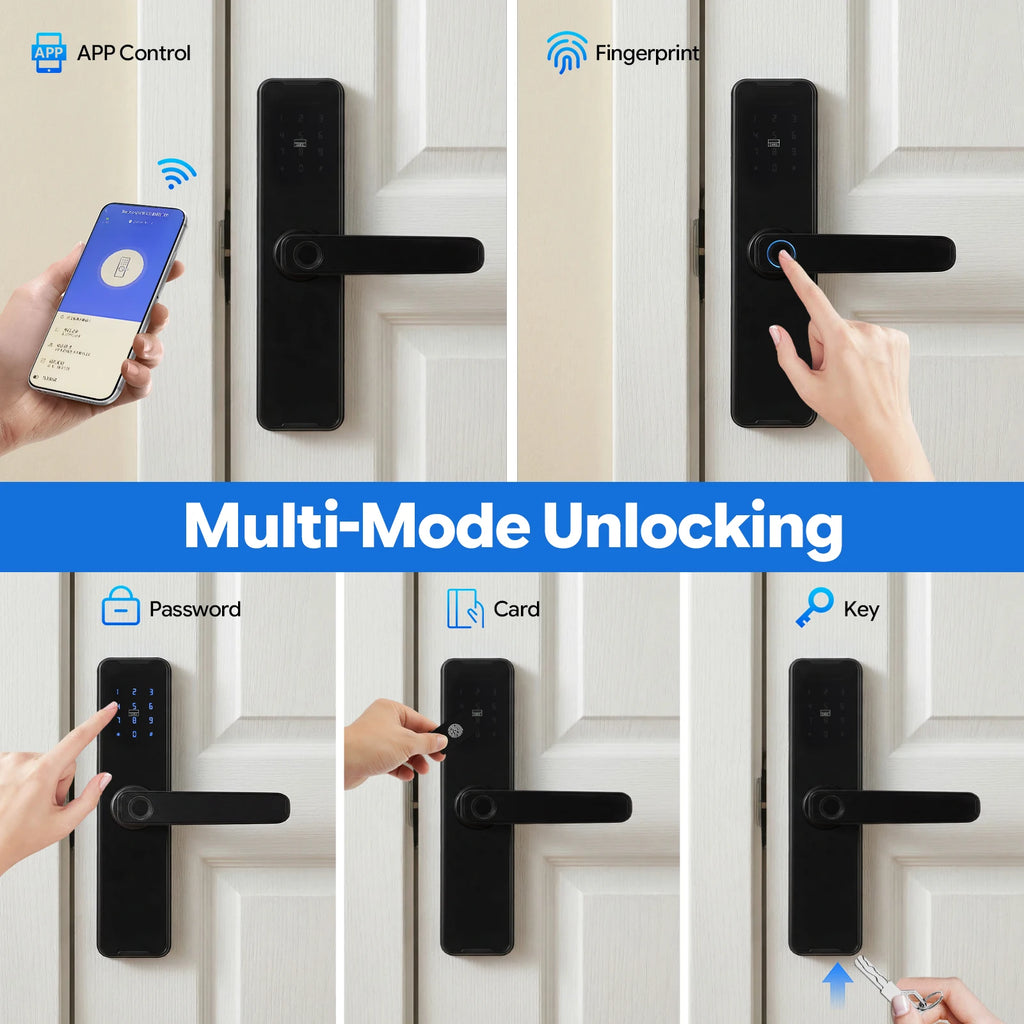 Serrure Intelligente Connectée Tuya – Empreinte, Code, Carte, Clé, App – Aluminium Noir