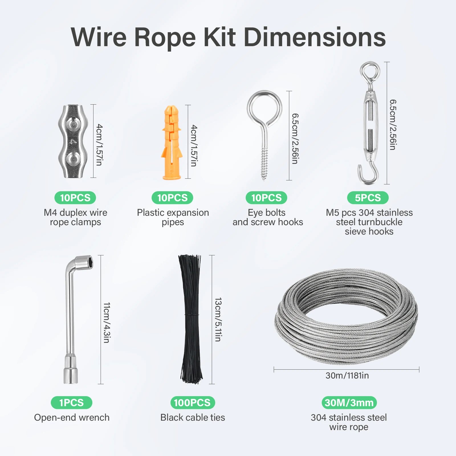 Kit Câble Acier Inoxydable 30M Ø 3mm - 304 Inox - Tendeur Crochets - Jardin Pergola Clôture