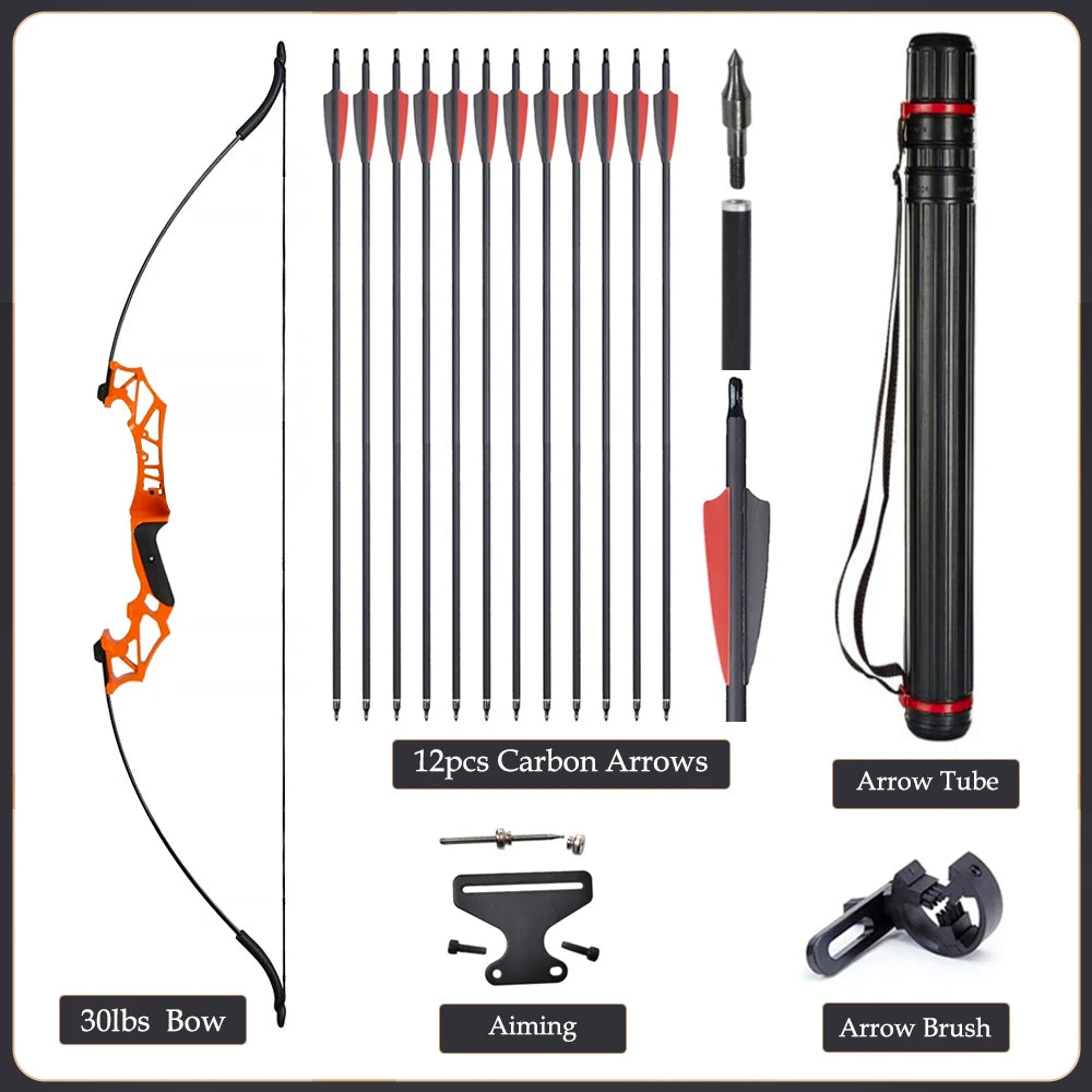 Arc Recurve Tir à l'Arc 20-50lbs Démontable avec Flèches Carbone Carquois Cible Entraînement