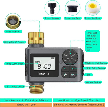 Programmateur d’Arrosage Automatique INSOMA – Minuterie Intelligente IPX5, Raccord Laiton, Écran LCD