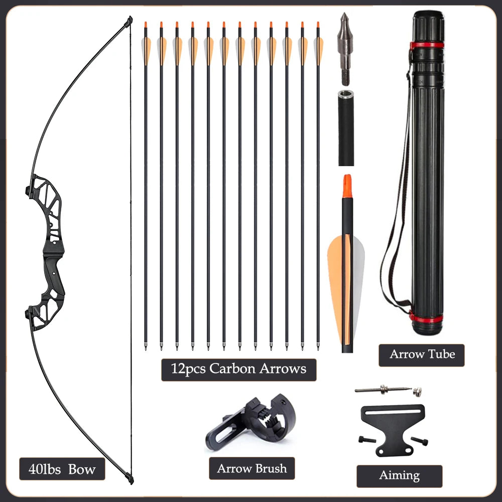 Arc Recurve Tir à l'Arc 20-50lbs Démontable avec Flèches Carbone Carquois Cible Entraînement