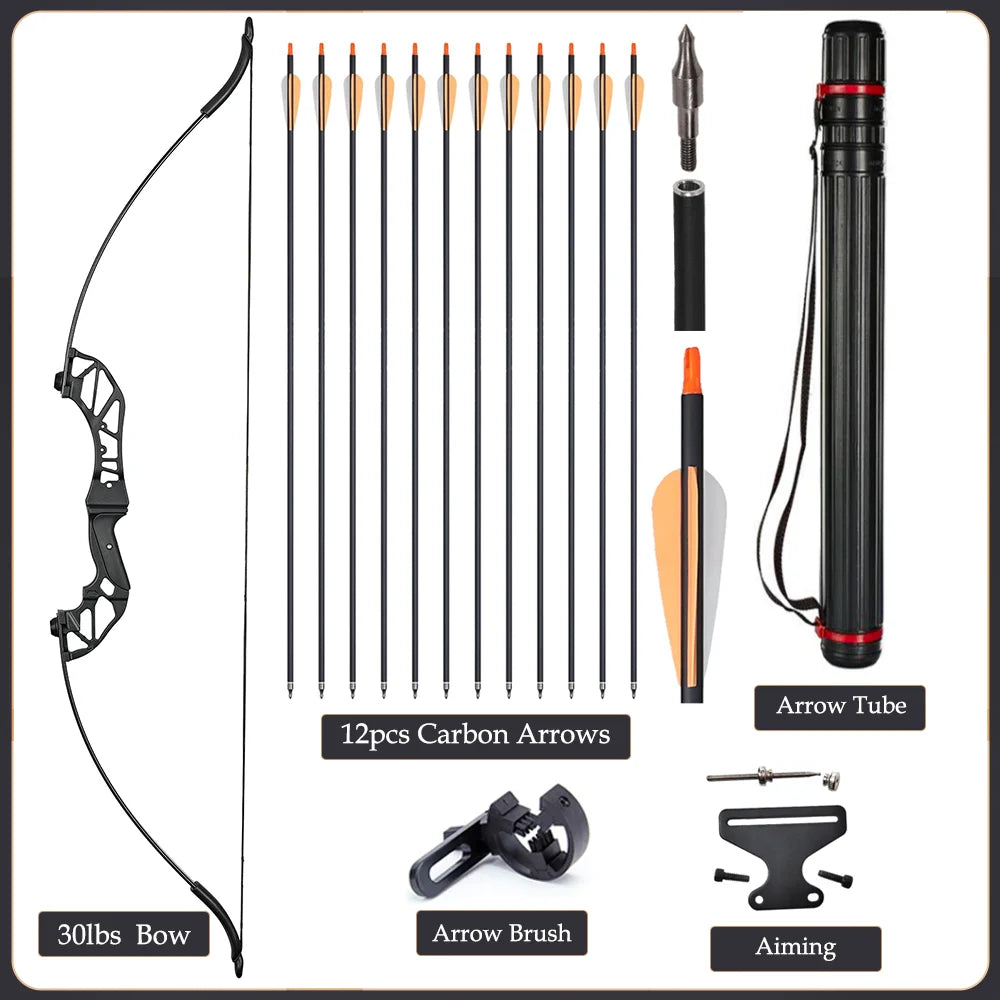 Arc Recurve Tir à l'Arc 20-50lbs Démontable avec Flèches Carbone Carquois Cible Entraînement