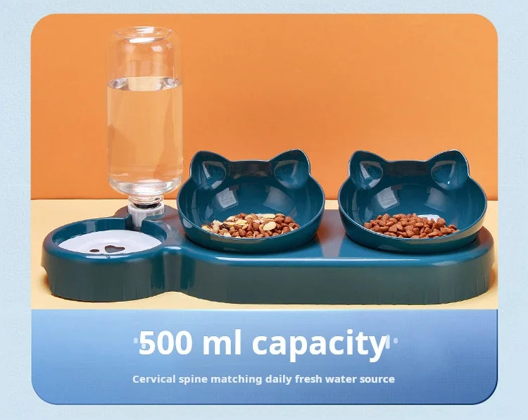 Gamelle Chat 3 en 1 avec Distributeur d'Eau — Design Oreilles, Inclinée, Protection Cervicale