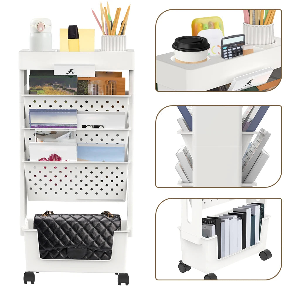 Étagère mobile à roulettes 5 niveaux – Organiseur ABS blanc, bureau & salon