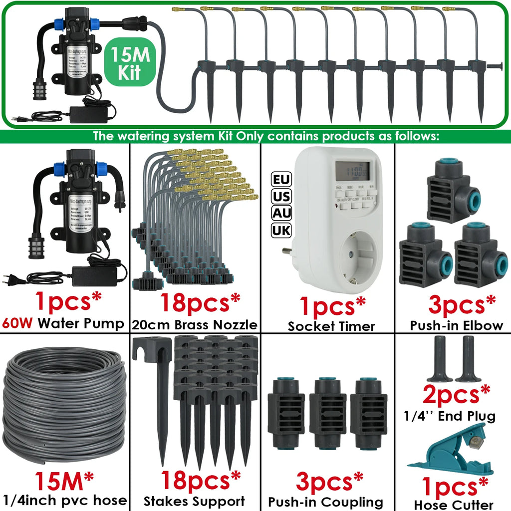 Kit d'Irrigation Jardin 5-30M - Pompe 60W Timer Buse Cuivre 360° Arrosage Automatique Serre