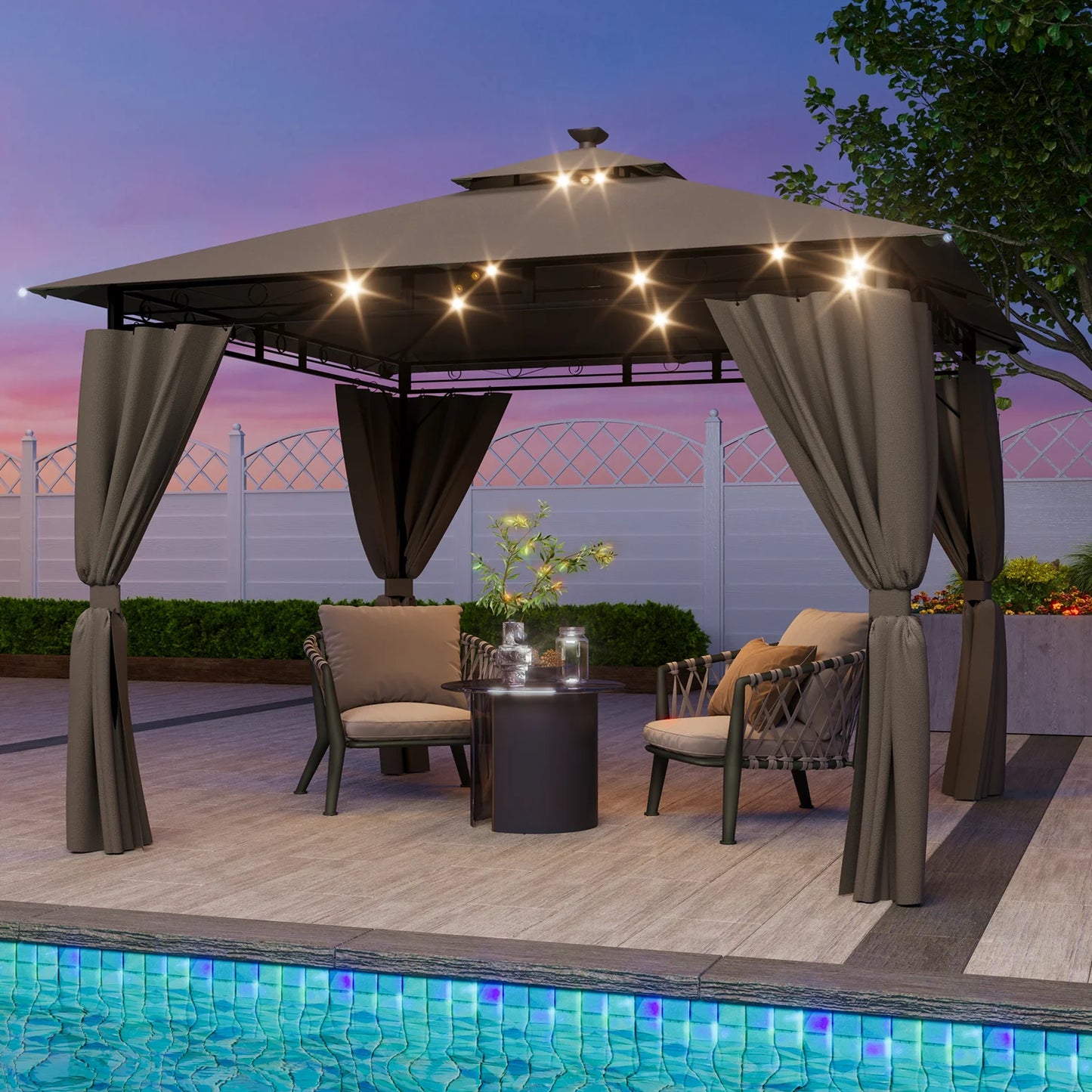 Pergola de Jardin 3x3m Double Toit – Aluminium, Rideaux Zippés & LED Solaire Optionnel | Devoko