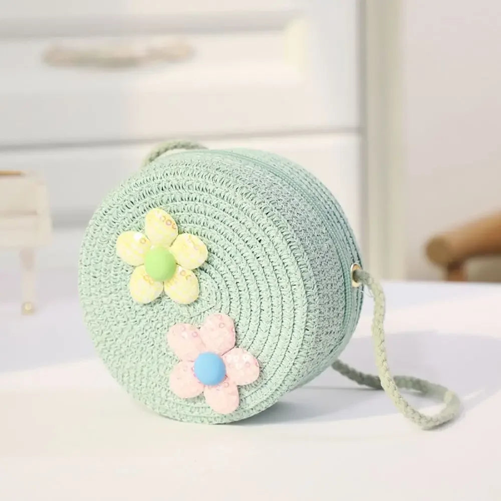 Children Straw Beach Bag Cute Heart Pattern Shoulder Bag Straw Crossbody Bag Handbag Baby Coin Purse Casual Messenger Bag