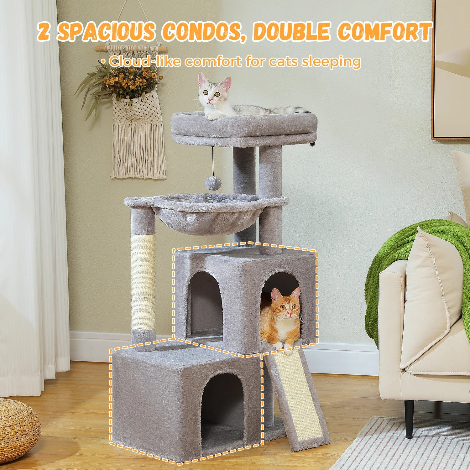 Arbre à Chat XXL Multi-Niveaux - Tour avec Griffoirs Sisal, 2 Niches, Jouets Intégrés