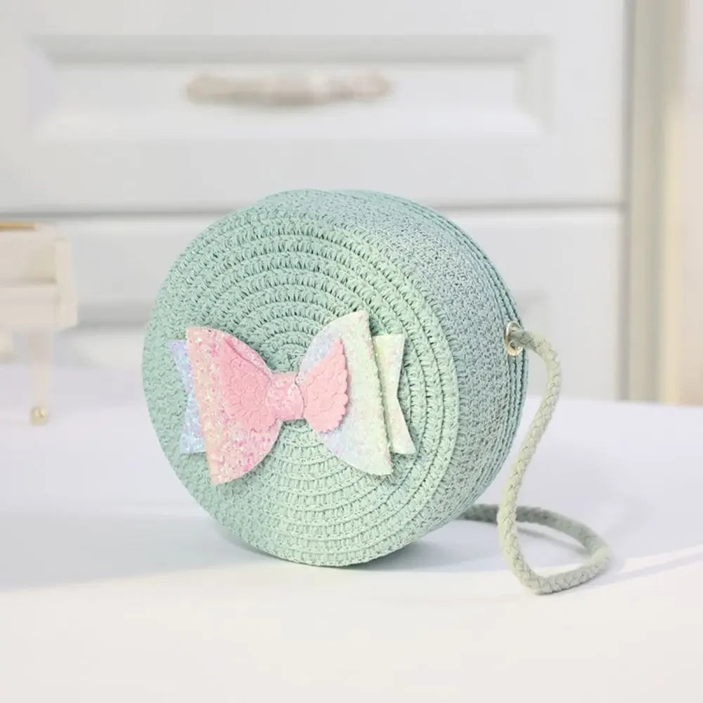 Children Straw Beach Bag Cute Heart Pattern Shoulder Bag Straw Crossbody Bag Handbag Baby Coin Purse Casual Messenger Bag