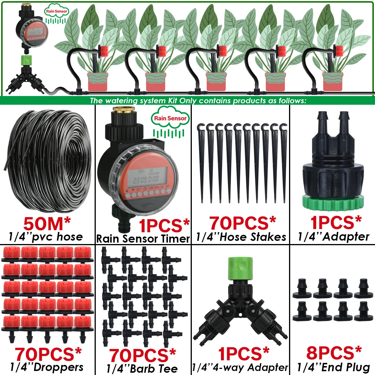 Kit Irrigation Goutte-à-Goutte KESLA – Tuyau 4/7mm, Programmateur & Capteur Pluie (5M à 50M)