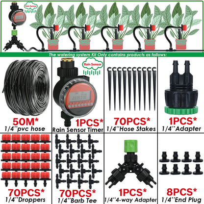 Kit Irrigation Goutte-à-Goutte KESLA – Tuyau 4/7mm, Programmateur & Capteur Pluie (5M à 50M)