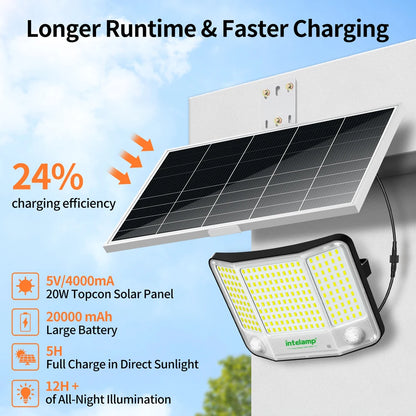 Lampe Solaire Intelamp 3000LM – 2 Détecteurs de Mouvement, Angle 240°, IP65, Batterie 12500mAh
