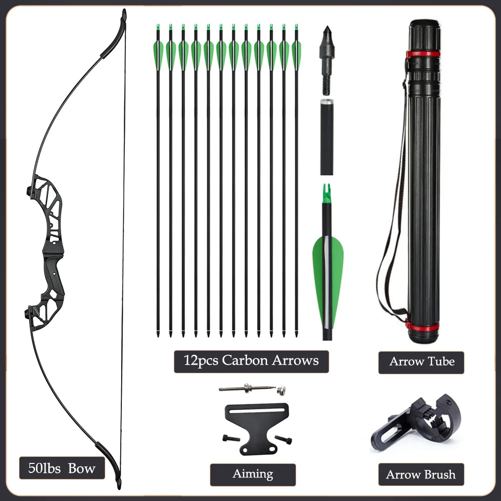 Arc Recurve Tir à l'Arc 20-50lbs Démontable avec Flèches Carbone Carquois Cible Entraînement