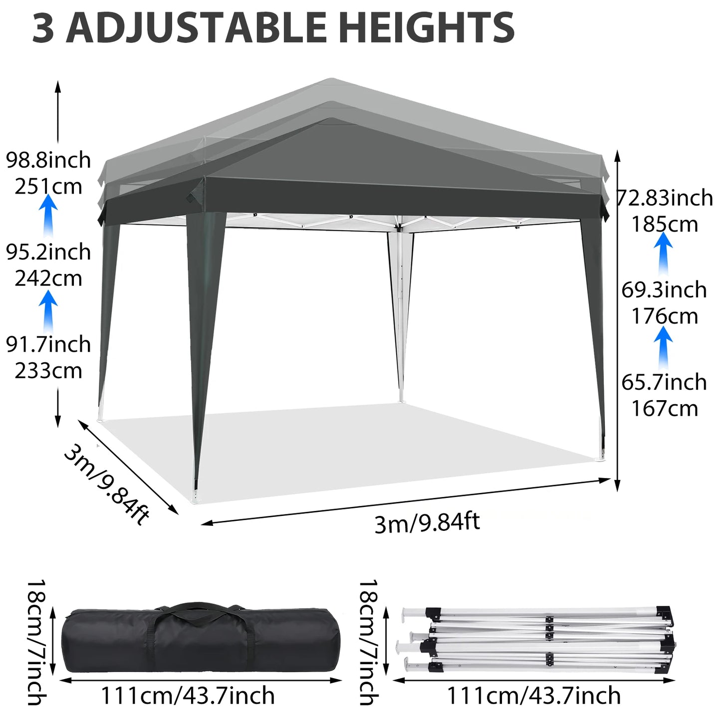 Kiosque Pliant Pop-Up 3x3 m – Toile Oxford 420D UPF 50+, Imperméable, Sac de Transport Inclus