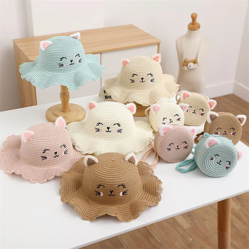 Summer Straw Bag Children's Small Shoulder Bags Baby Girls Mini Coin Purses Cute Cat Kids Chest Crossbody Bags Cartoon Straw Hat