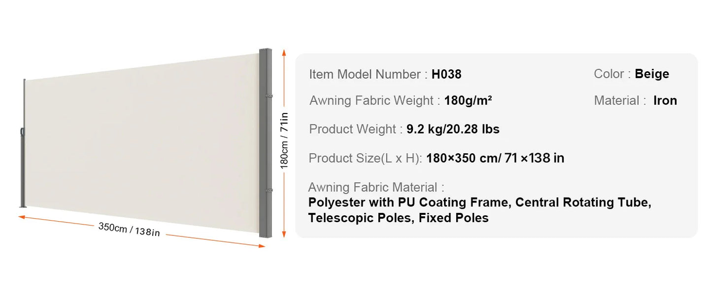 Auvent Latéral Rétractable – Brise-Vue Polyester Imperméable UV30+, Pare-Vent Extérieur