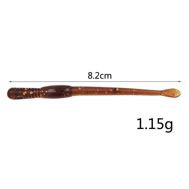 Leurres Ver de Terre 82mm - Lot 12 Leurres Souples Silicone Truite